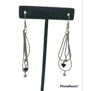 Vintage Silver Earrings Long Herringbone Chains Star Moon Charms 80s Dangle